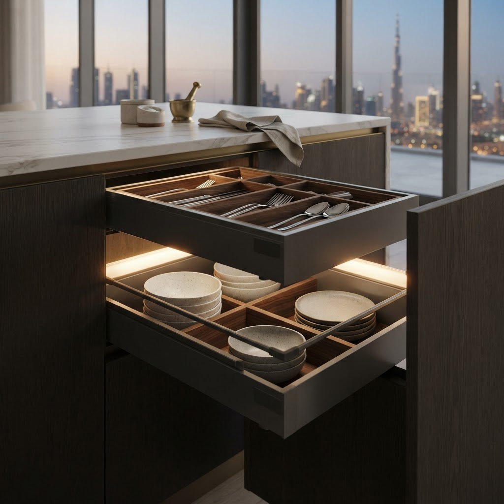 Open kitchen island drawers with slim steel sides, walnut inserts and internal LED lighting