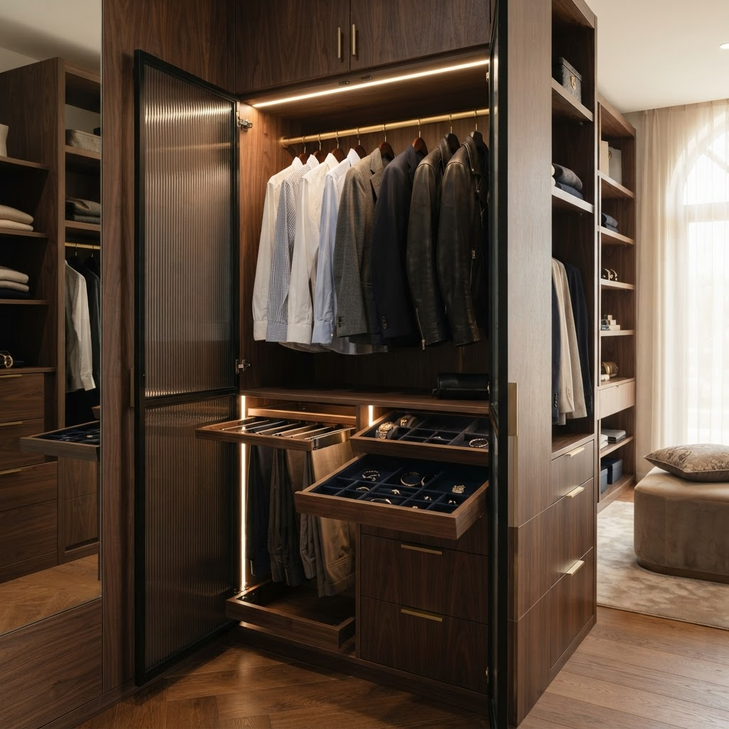 Walk-in wardrobe with glass-front door, pull-out trouser rack and lit shelves