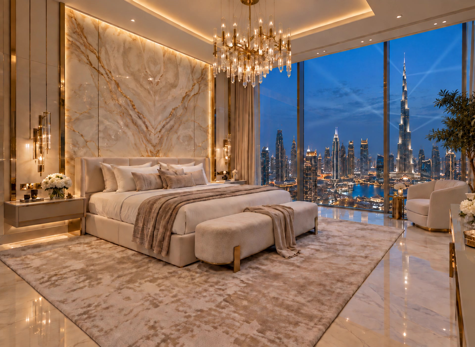 Dubai penthouse living room overlooking Burj Khalifa at sunset
