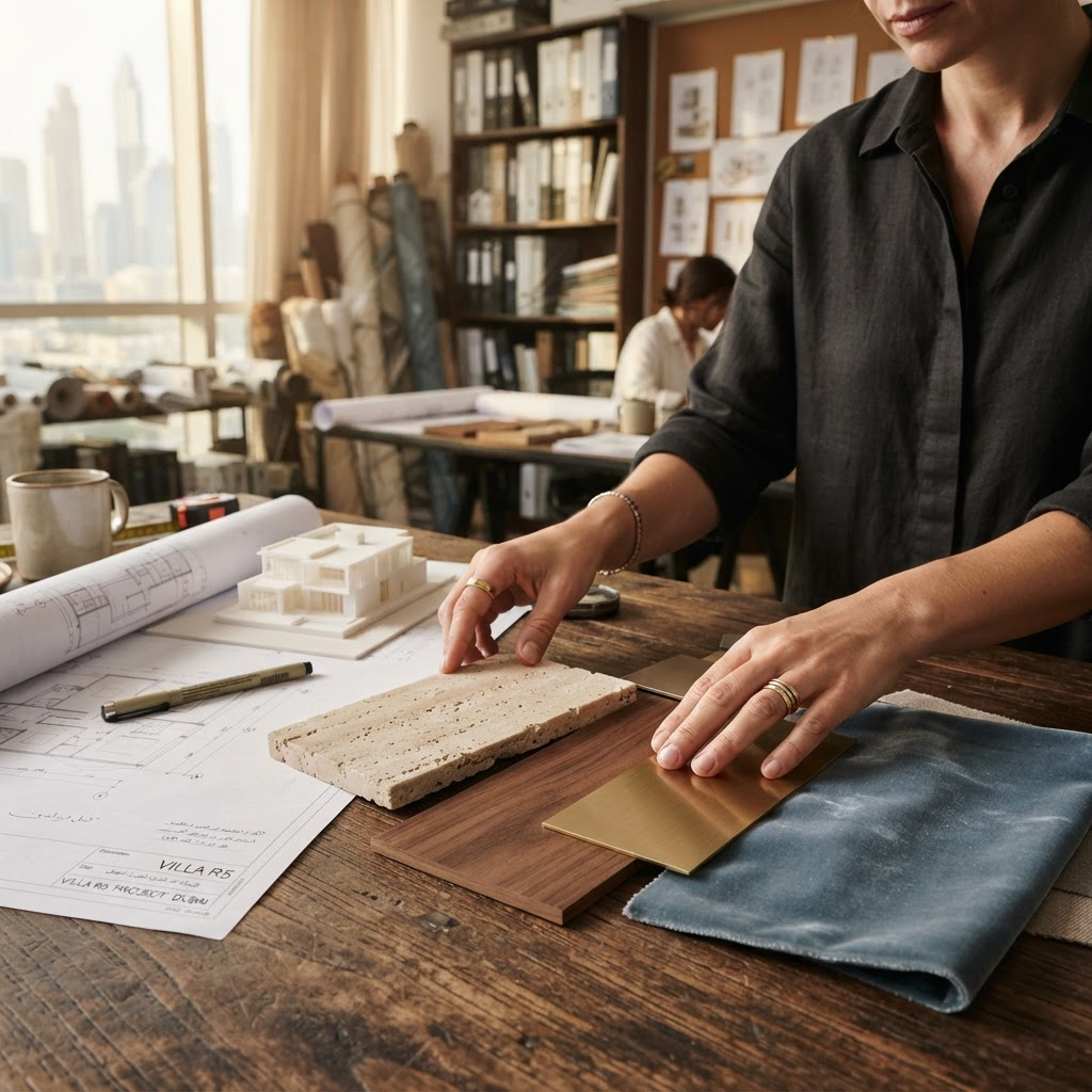 Designer selecting material samples: travertine, walnut, brass, velvet
